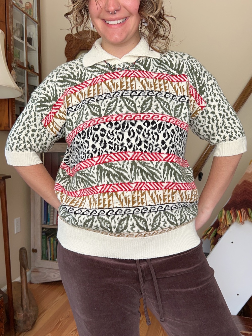 Vintage 80s Leopard print Tropical Polo Knit Sweater Short Sleeve Top Large